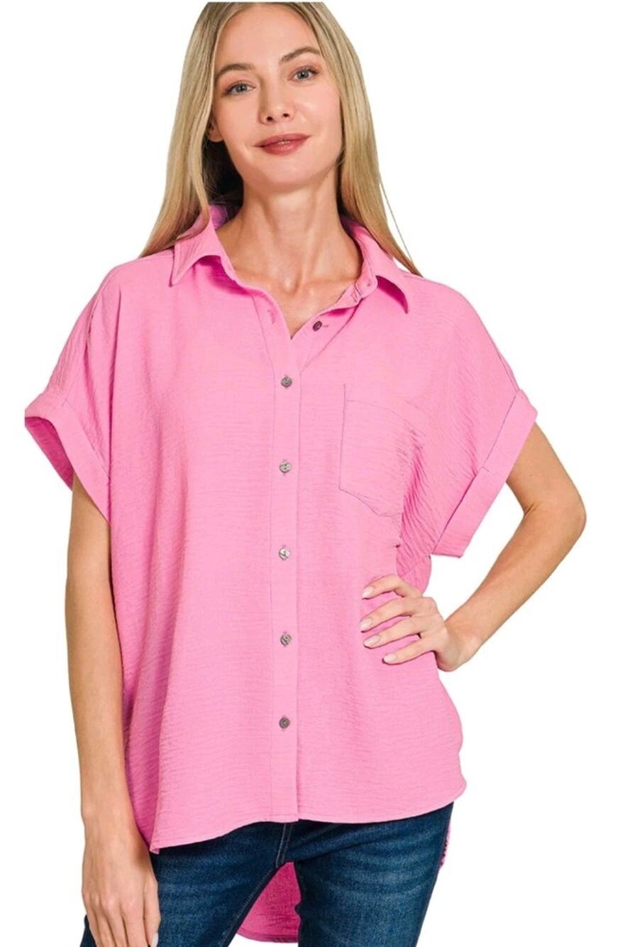 Zenana Woven Airflow Pink Peach Hi Low Hem Loose Fit Flowy Button Down Shirt S